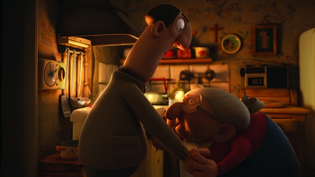 Filmstill aus dem Animationsfilm "Der Besuch": eine alte Dame und ihr Sohn